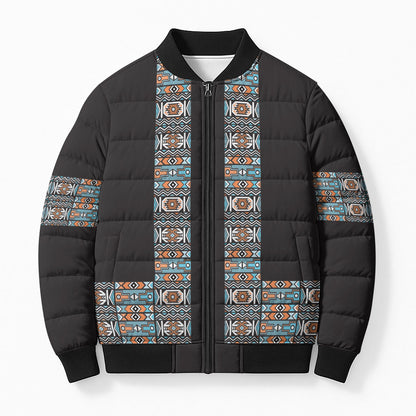 African Ndebele Traditional Attire Bomber Puffer Jacket Black Ndebele Stripe