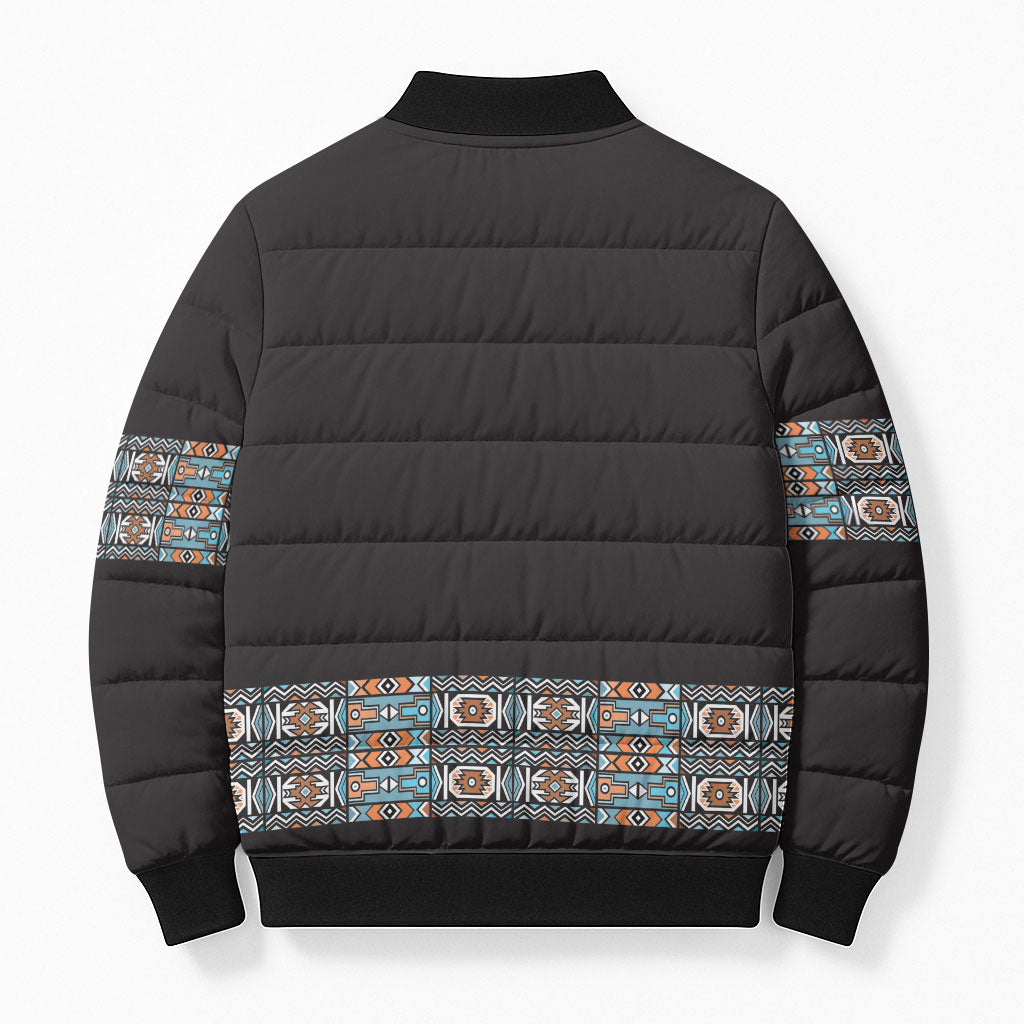 African Ndebele Traditional Attire Bomber Puffer Jacket Black Ndebele Stripe