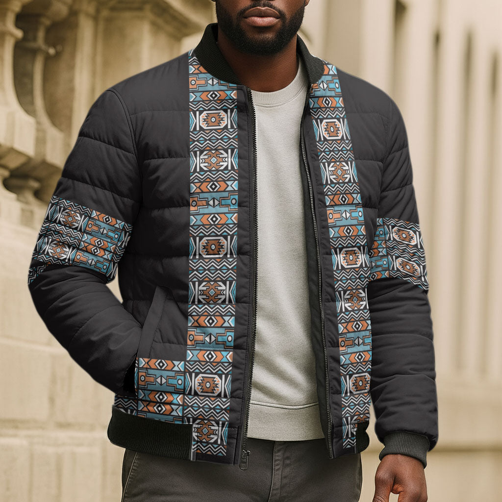 African Ndebele Traditional Attire Bomber Puffer Jacket Black Ndebele Stripe