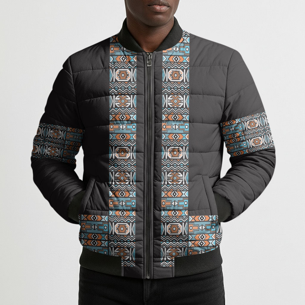 African Ndebele Traditional Attire Bomber Puffer Jacket Black Ndebele Stripe