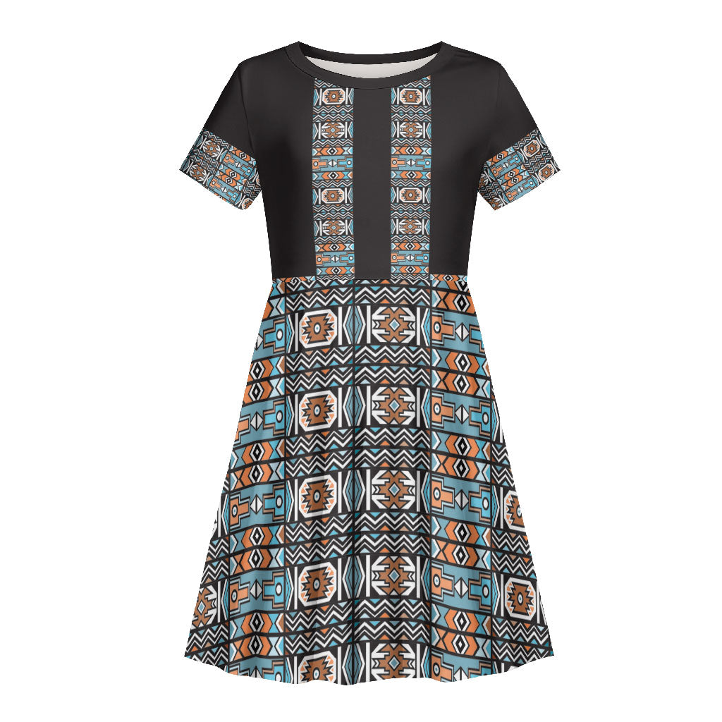 African Ndebele Traditional Attire Kid Short Sleeve Dress Black Ndebele Stripe