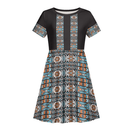 African Ndebele Traditional Attire Kid Short Sleeve Dress Black Ndebele Stripe