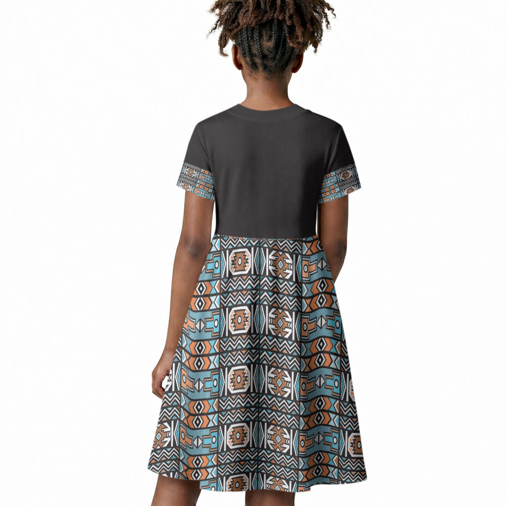 African Ndebele Traditional Attire Kid Short Sleeve Dress Black Ndebele Stripe