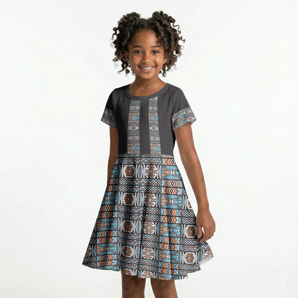 African Ndebele Traditional Attire Kid Short Sleeve Dress Black Ndebele Stripe