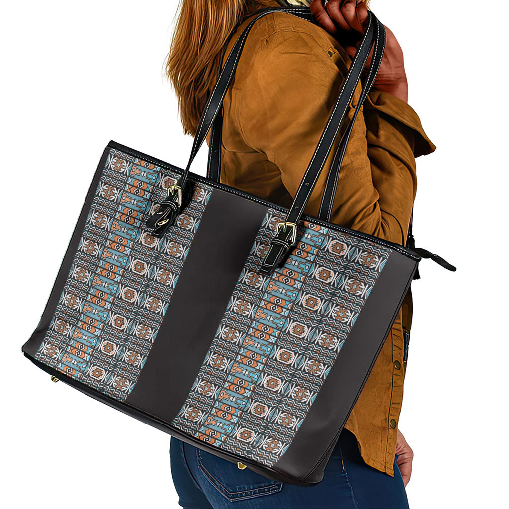 African Ndebele Traditional Attire Leather Tote Bag Black Ndebele Stripe