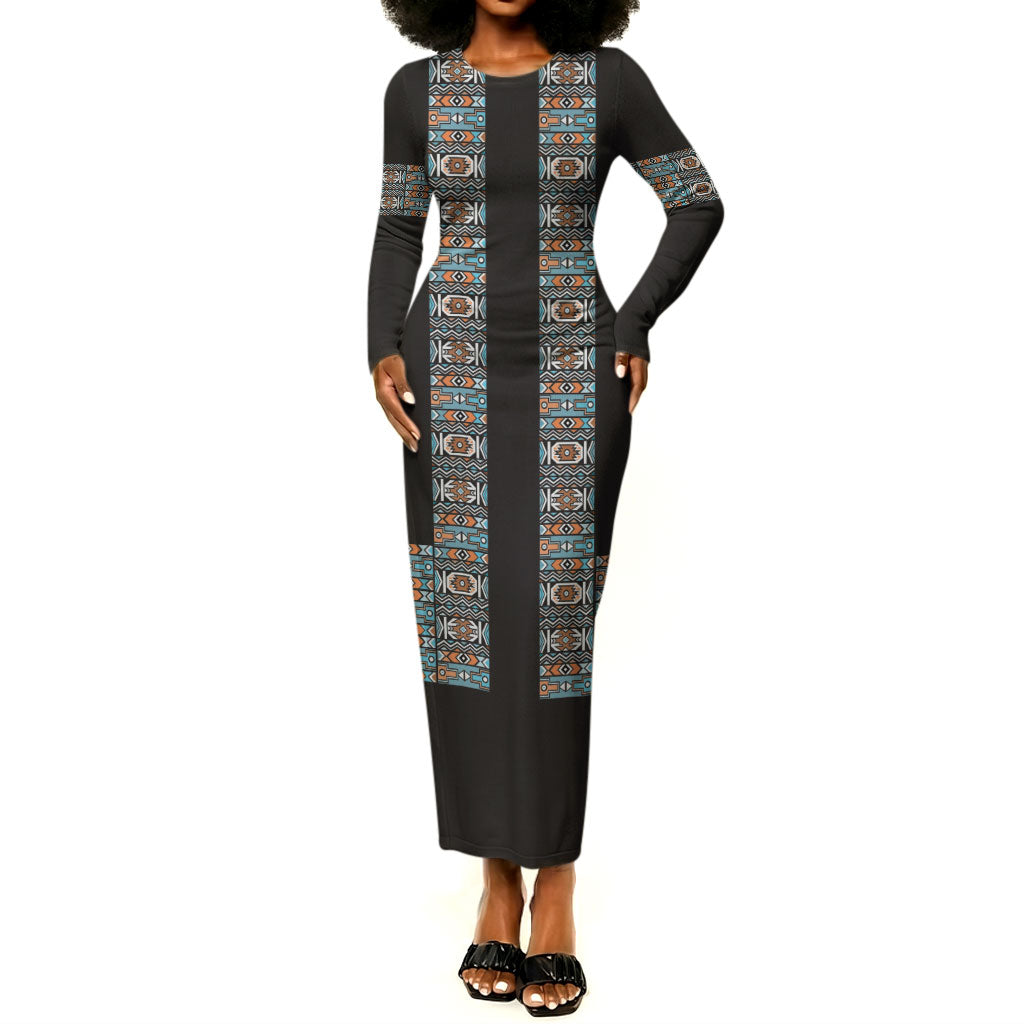 African Ndebele Traditional Attire Long Sleeve Bodycon Dress Black Ndebele Stripe