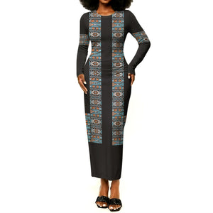 African Ndebele Traditional Attire Long Sleeve Bodycon Dress Black Ndebele Stripe