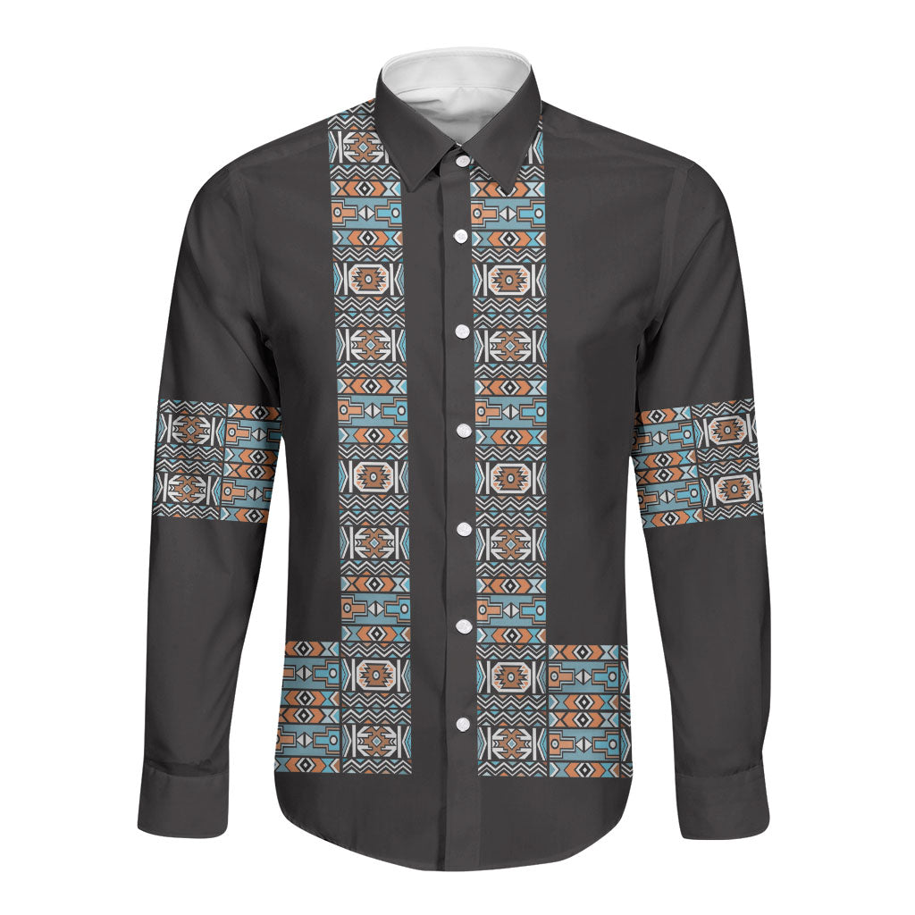 African Ndebele Traditional Attire Long Sleeve Button Shirt Black Ndebele Stripe