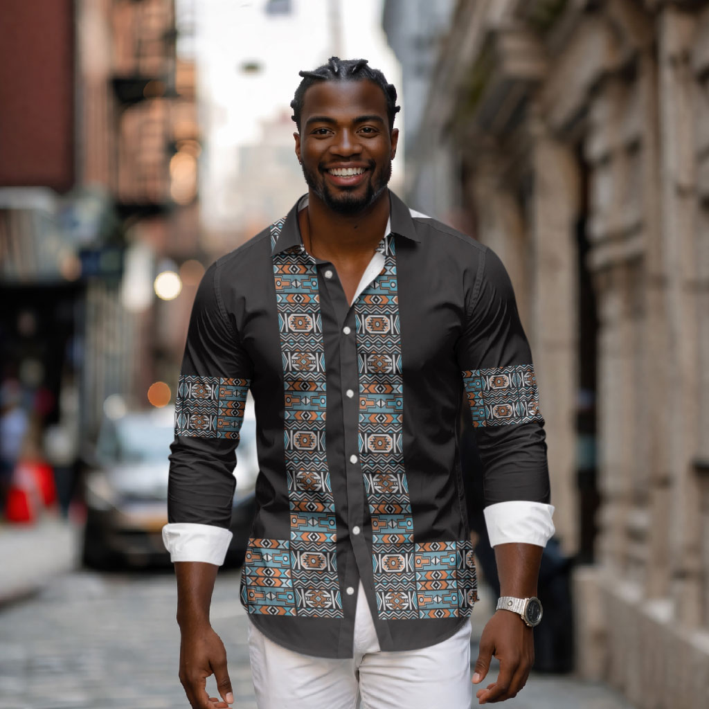 African Ndebele Traditional Attire Long Sleeve Button Shirt Black Ndebele Stripe
