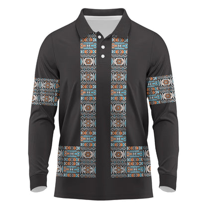African Ndebele Traditional Attire Long Sleeve Polo Shirt Black Ndebele Stripe