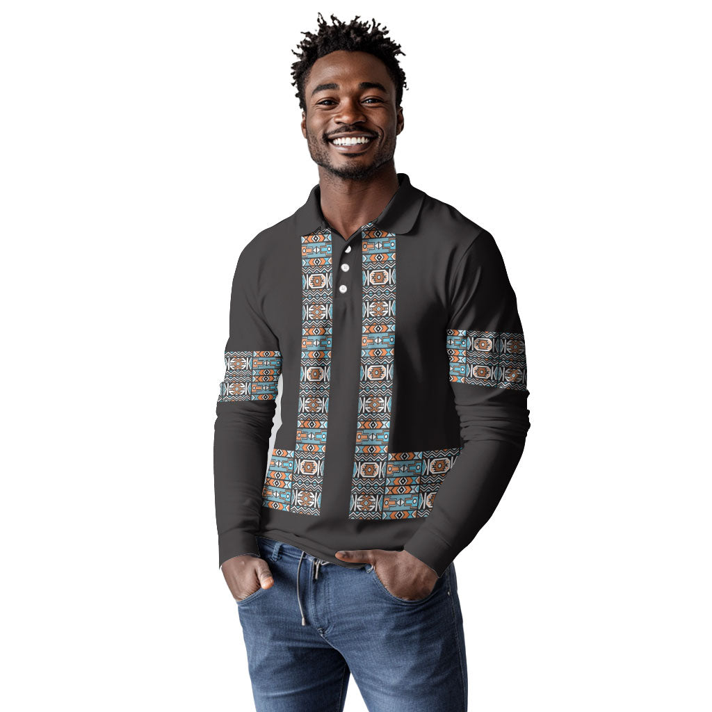 African Ndebele Traditional Attire Long Sleeve Polo Shirt Black Ndebele Stripe