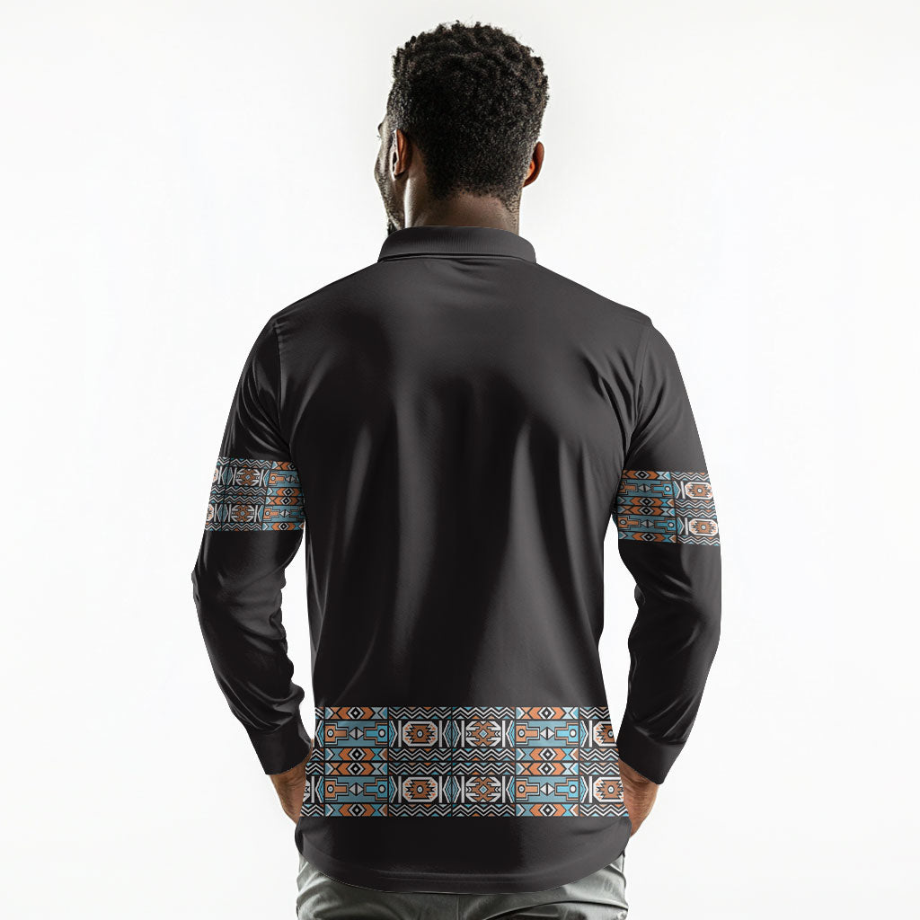 African Ndebele Traditional Attire Long Sleeve Polo Shirt Black Ndebele Stripe
