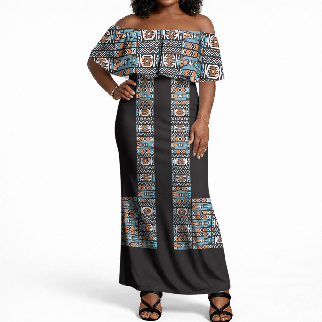 African Ndebele Traditional Attire Off Shoulder Maxi Dress Black Ndebele Stripe