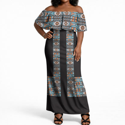African Ndebele Traditional Attire Off Shoulder Maxi Dress Black Ndebele Stripe