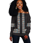 African Ndebele Traditional Attire Off Shoulder Sweater Black Ndebele Stripe