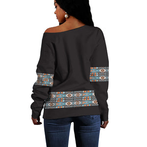 African Ndebele Traditional Attire Off Shoulder Sweater Black Ndebele Stripe