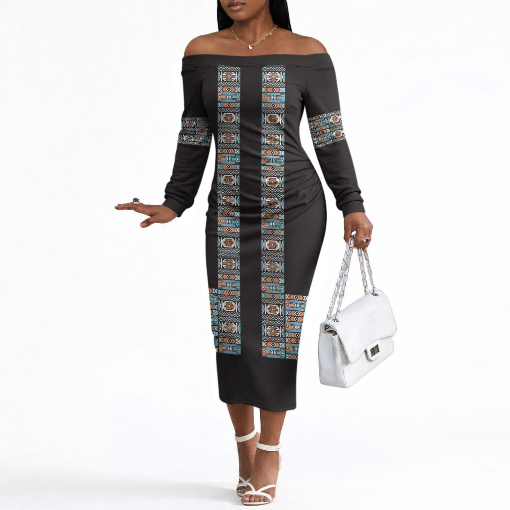 African Ndebele Traditional Attire Off The Shoulder Long Sleeve Dress Black Ndebele Stripe