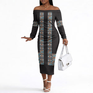 African Ndebele Traditional Attire Off The Shoulder Long Sleeve Dress Black Ndebele Stripe