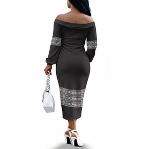 African Ndebele Traditional Attire Off The Shoulder Long Sleeve Dress Black Ndebele Stripe
