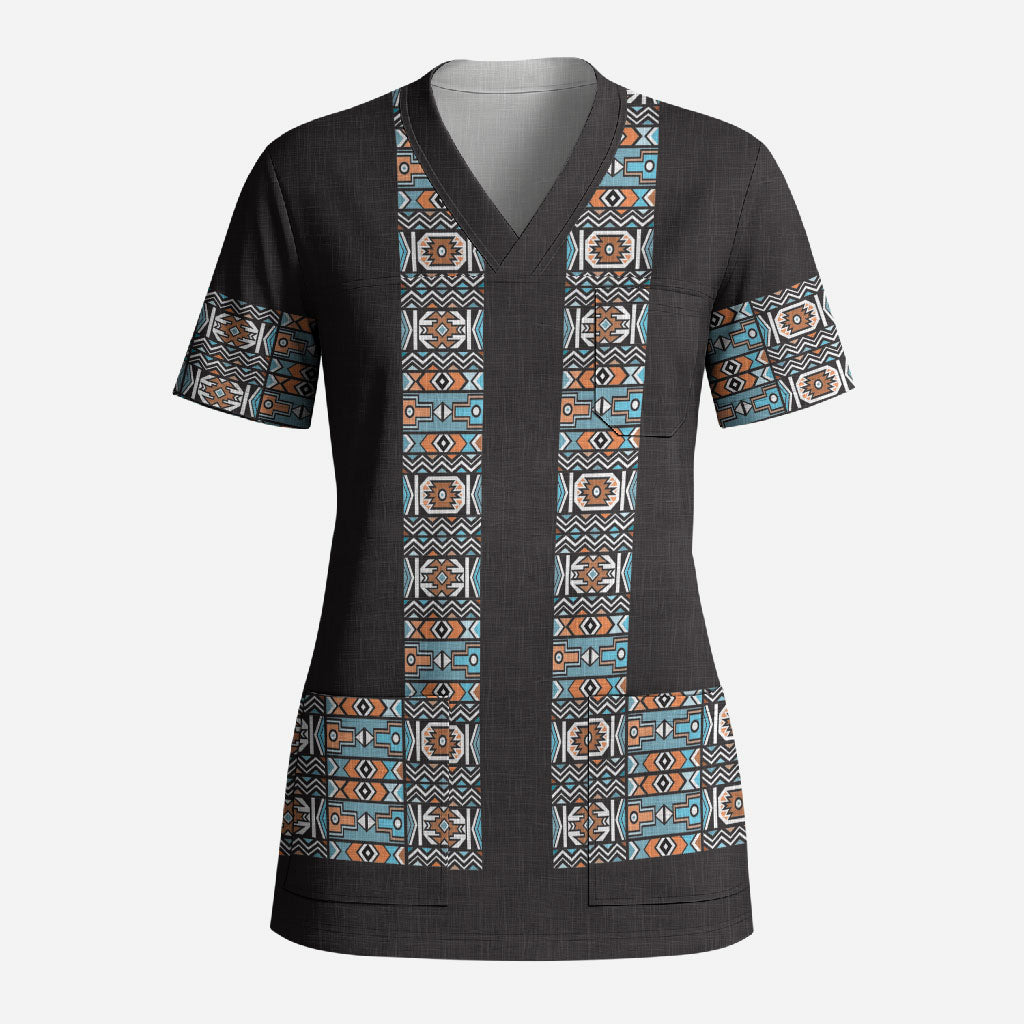 African Ndebele Traditional Attire Scrub Top Black Ndebele Stripe