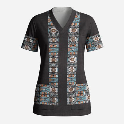 African Ndebele Traditional Attire Scrub Top Black Ndebele Stripe