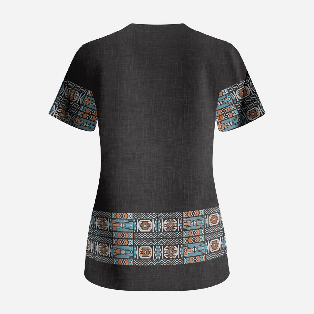 African Ndebele Traditional Attire Scrub Top Black Ndebele Stripe