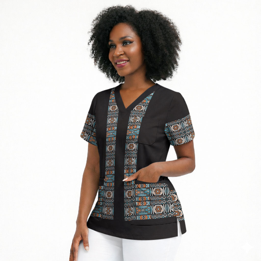 African Ndebele Traditional Attire Scrub Top Black Ndebele Stripe