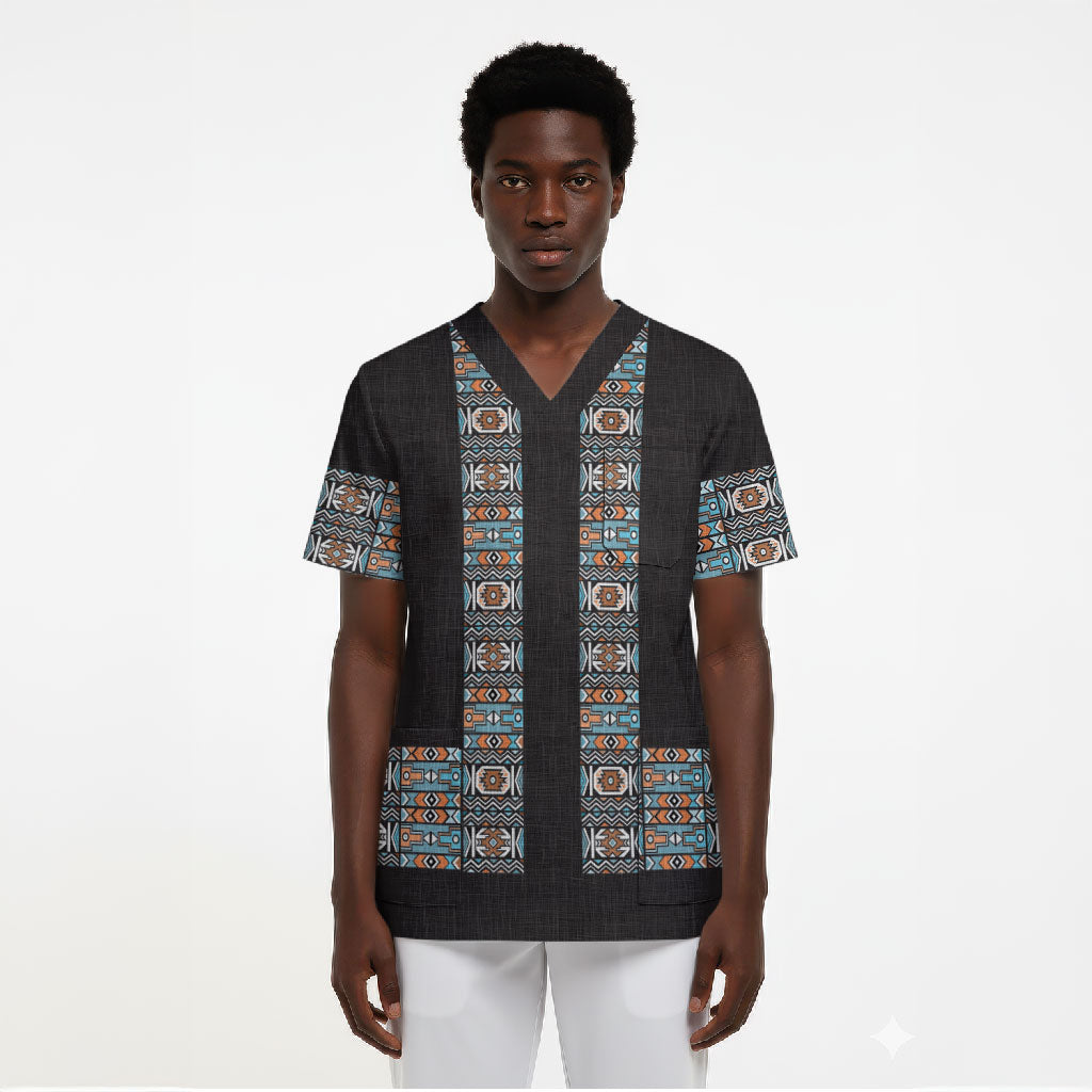 African Ndebele Traditional Attire Scrub Top Black Ndebele Stripe