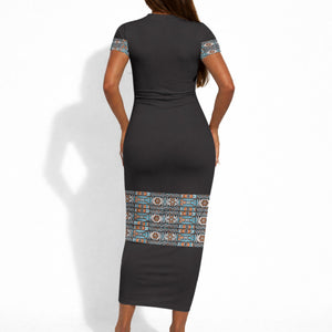 African Ndebele Traditional Attire Short Sleeve Bodycon Dress Black Ndebele Stripe