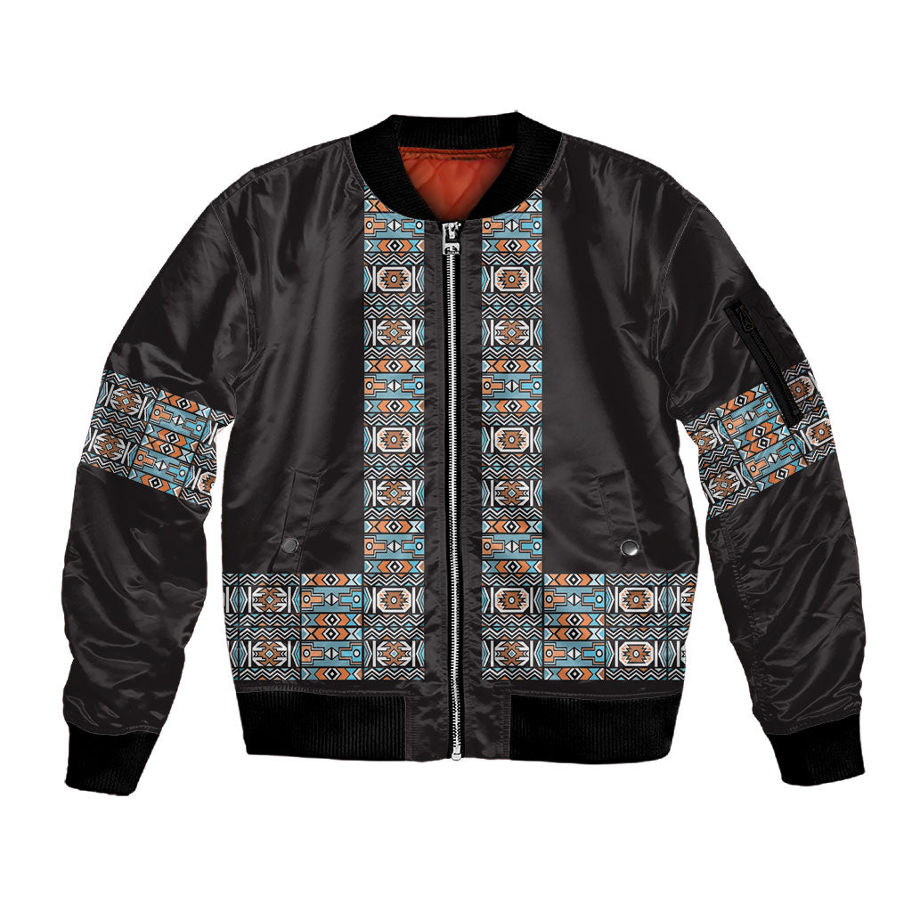 African Ndebele Traditional Attire Sleeve Zip Bomber Jacket Black Ndebele Stripe