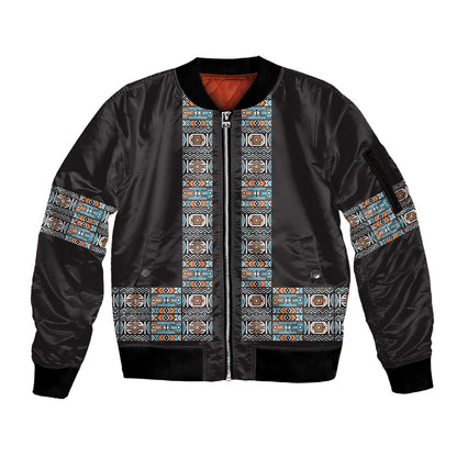 African Ndebele Traditional Attire Sleeve Zip Bomber Jacket Black Ndebele Stripe