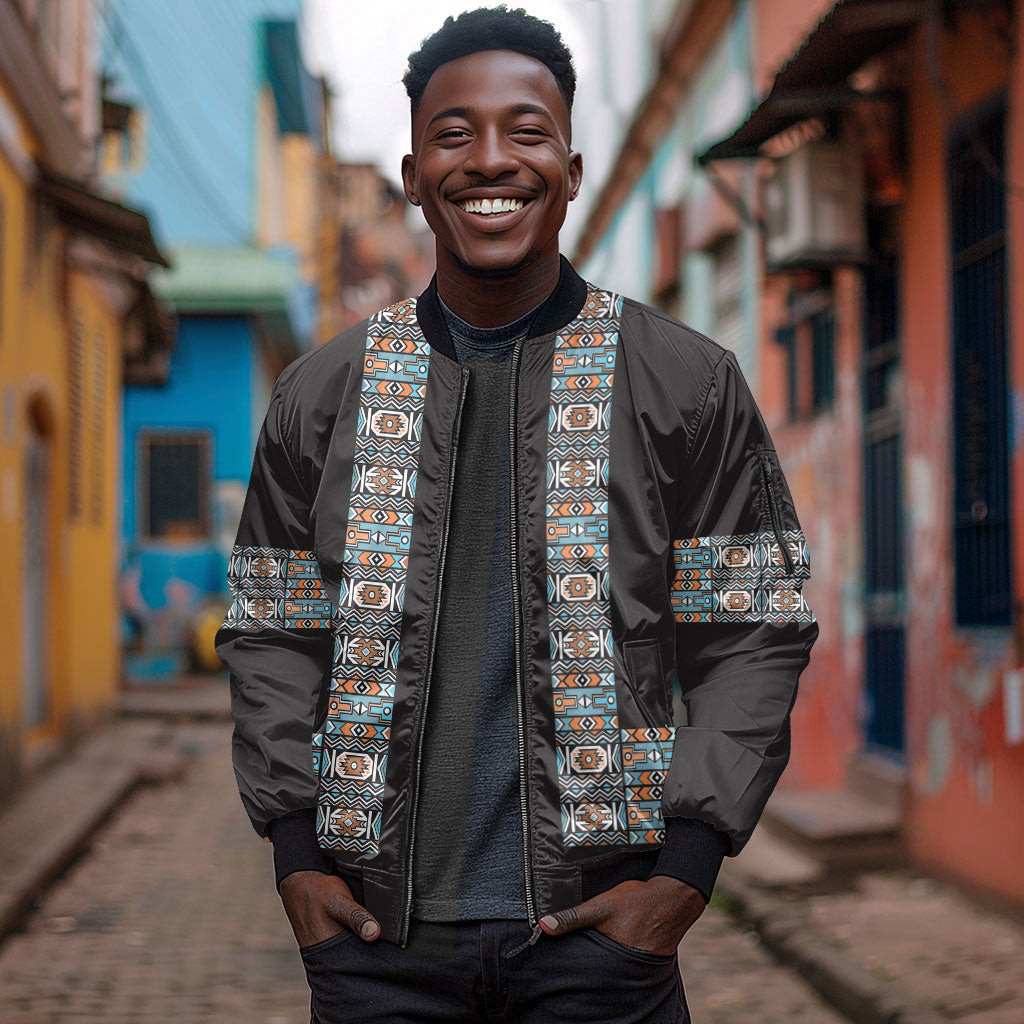 African Ndebele Traditional Attire Sleeve Zip Bomber Jacket Black Ndebele Stripe