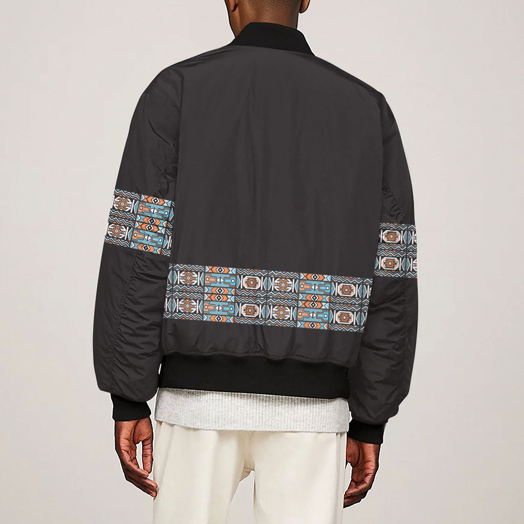 African Ndebele Traditional Attire Sleeve Zip Bomber Jacket Black Ndebele Stripe