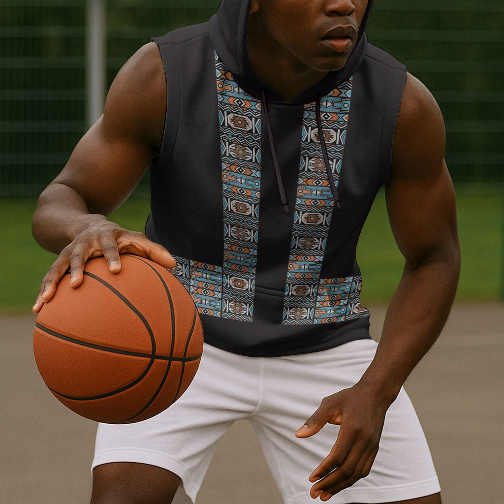 African Ndebele Traditional Attire Sleeveless Hoodie Black Ndebele Stripe