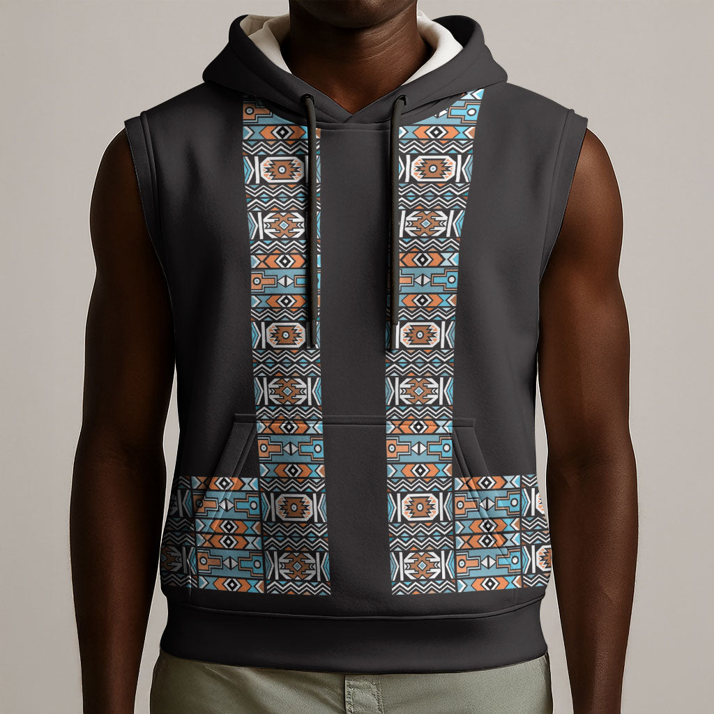 African Ndebele Traditional Attire Sleeveless Hoodie Black Ndebele Stripe