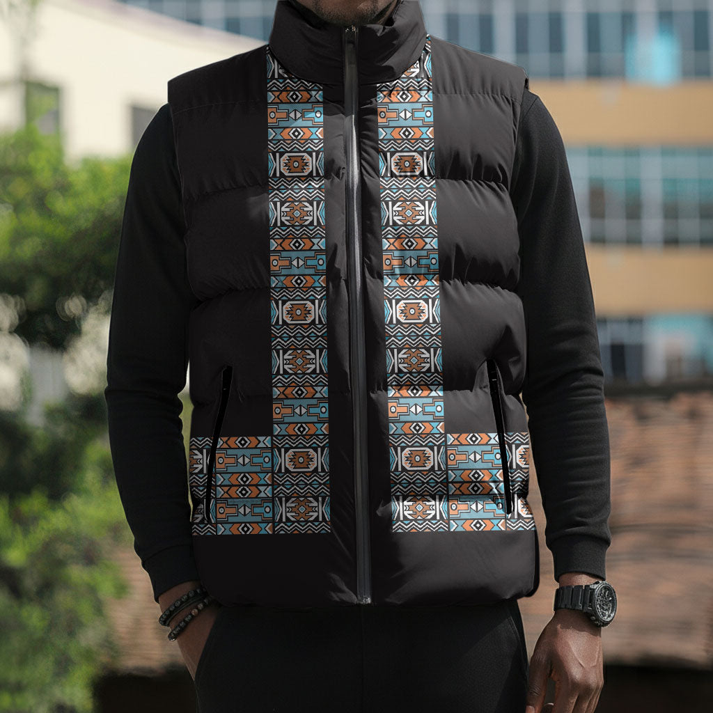 African Ndebele Traditional Attire Sleeveless Puffer Jacket Black Ndebele Stripe