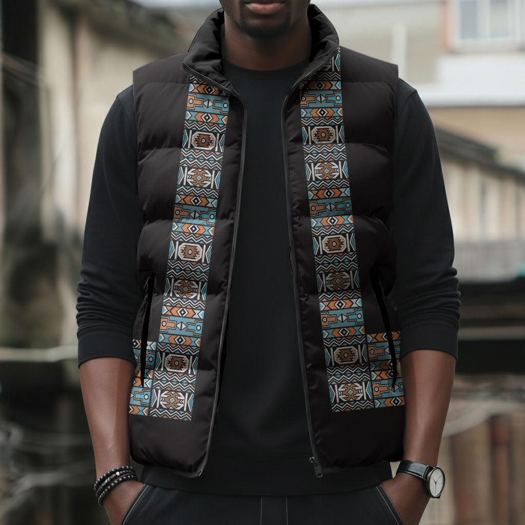African Ndebele Traditional Attire Sleeveless Puffer Jacket Black Ndebele Stripe