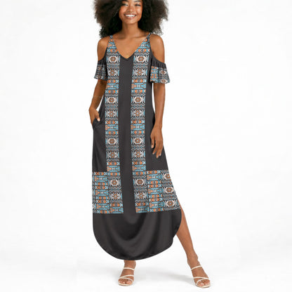 African Ndebele Traditional Attire Summer Maxi Dress Black Ndebele Stripe