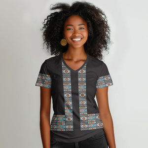 African Ndebele Traditional Attire Women V-Neck T-Shirt Black Ndebele Stripe