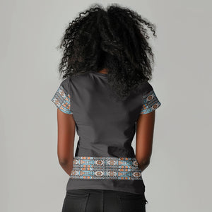 African Ndebele Traditional Attire Women V-Neck T-Shirt Black Ndebele Stripe