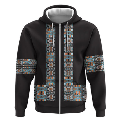 African Ndebele Traditional Attire Zip Hoodie Black Ndebele Stripe