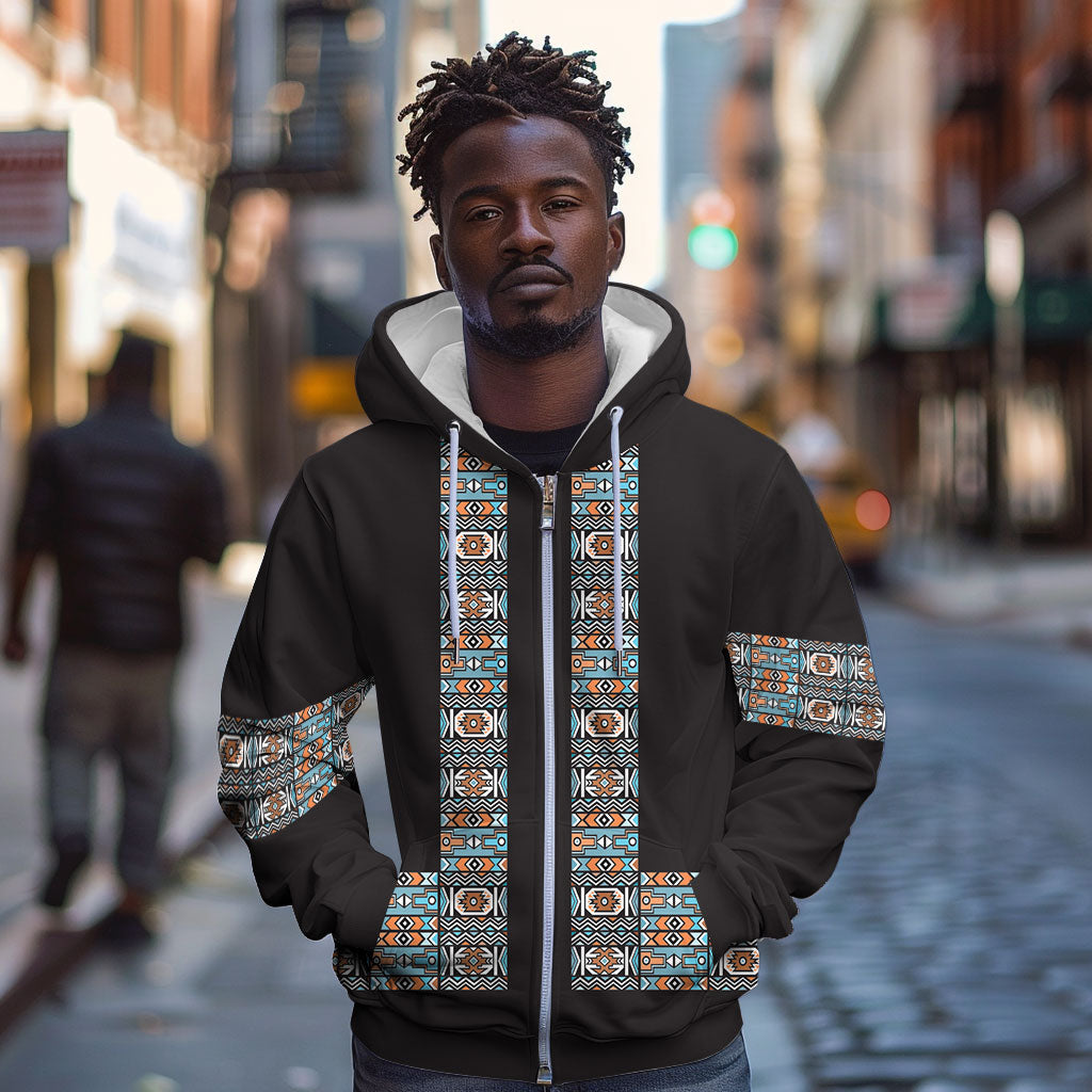 African Ndebele Traditional Attire Zip Hoodie Black Ndebele Stripe