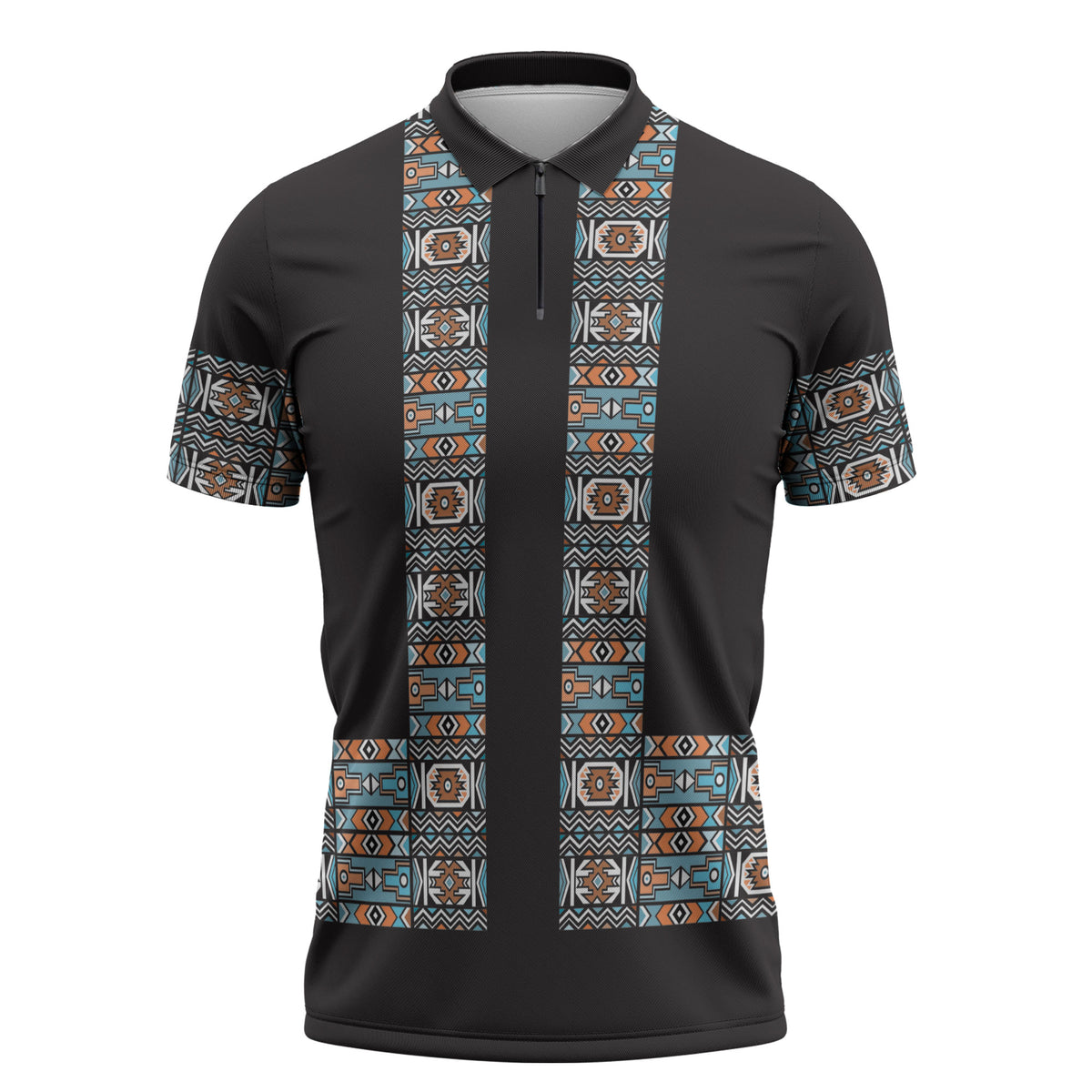 African Ndebele Traditional Attire Zipper Polo Shirt Black Ndebele Stripe