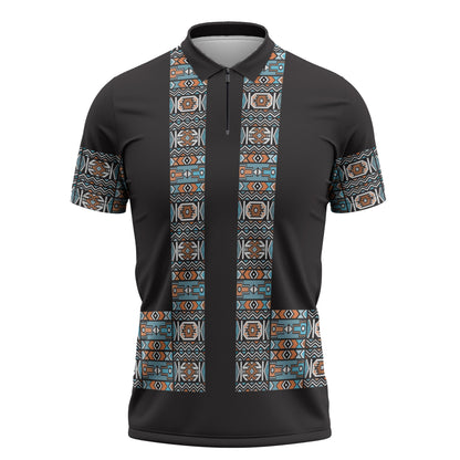 African Ndebele Traditional Attire Zipper Polo Shirt Black Ndebele Stripe