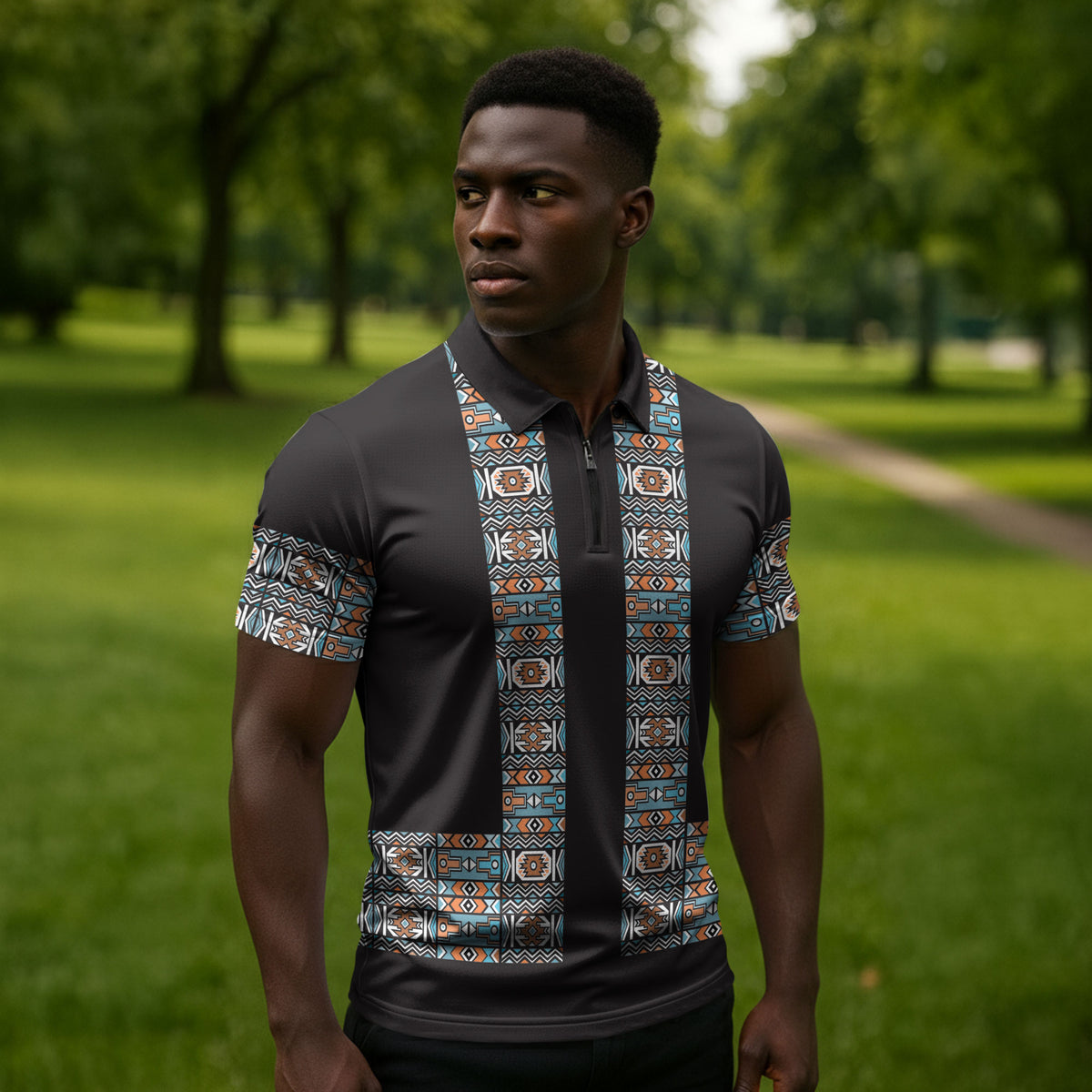 African Ndebele Traditional Attire Zipper Polo Shirt Black Ndebele Stripe