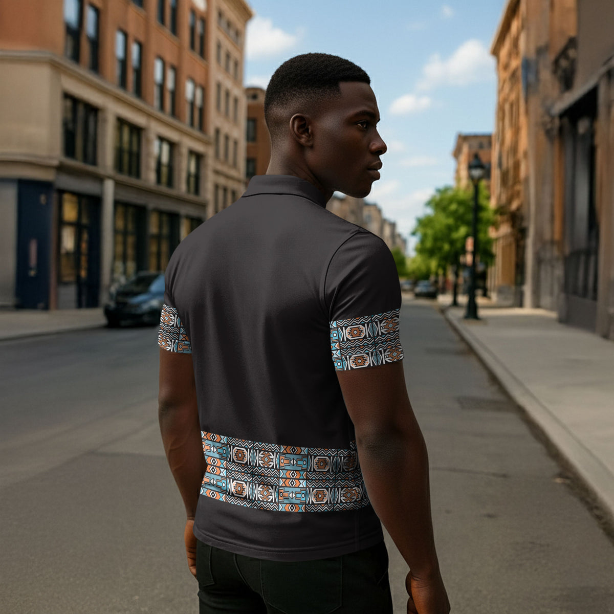 African Ndebele Traditional Attire Zipper Polo Shirt Black Ndebele Stripe