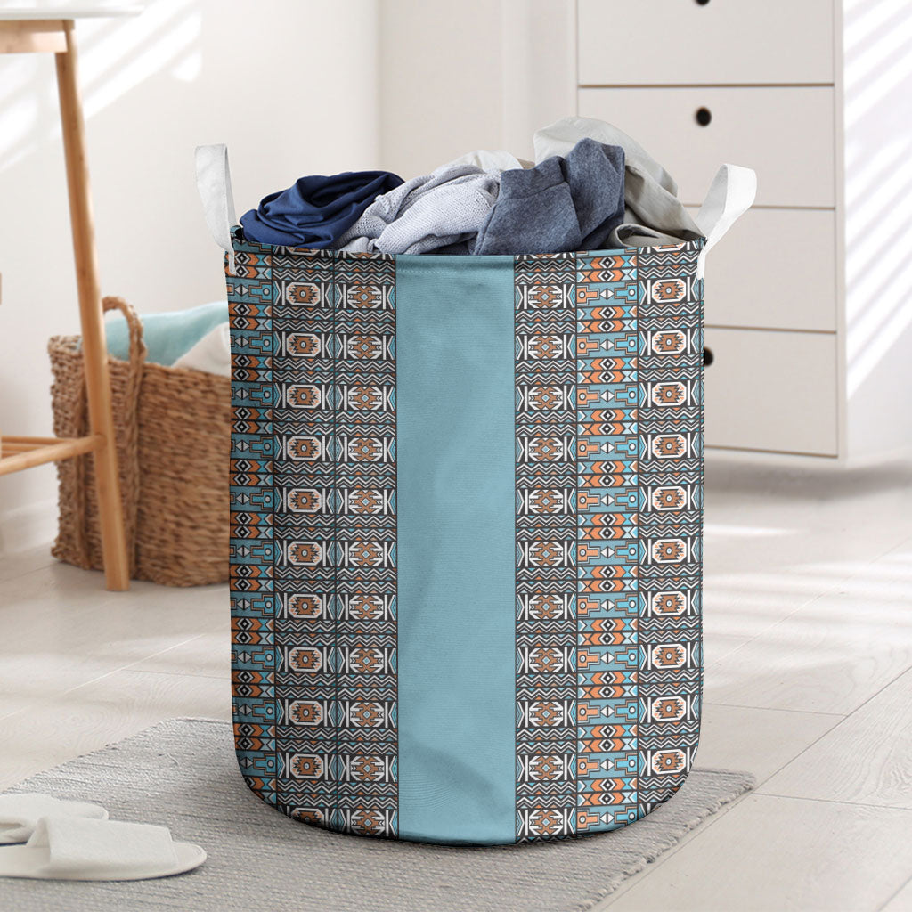 African Ndebele Traditional Attire Laundry Basket Blue Ndebele Stripe