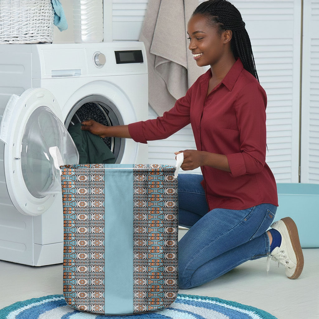 African Ndebele Traditional Attire Laundry Basket Blue Ndebele Stripe