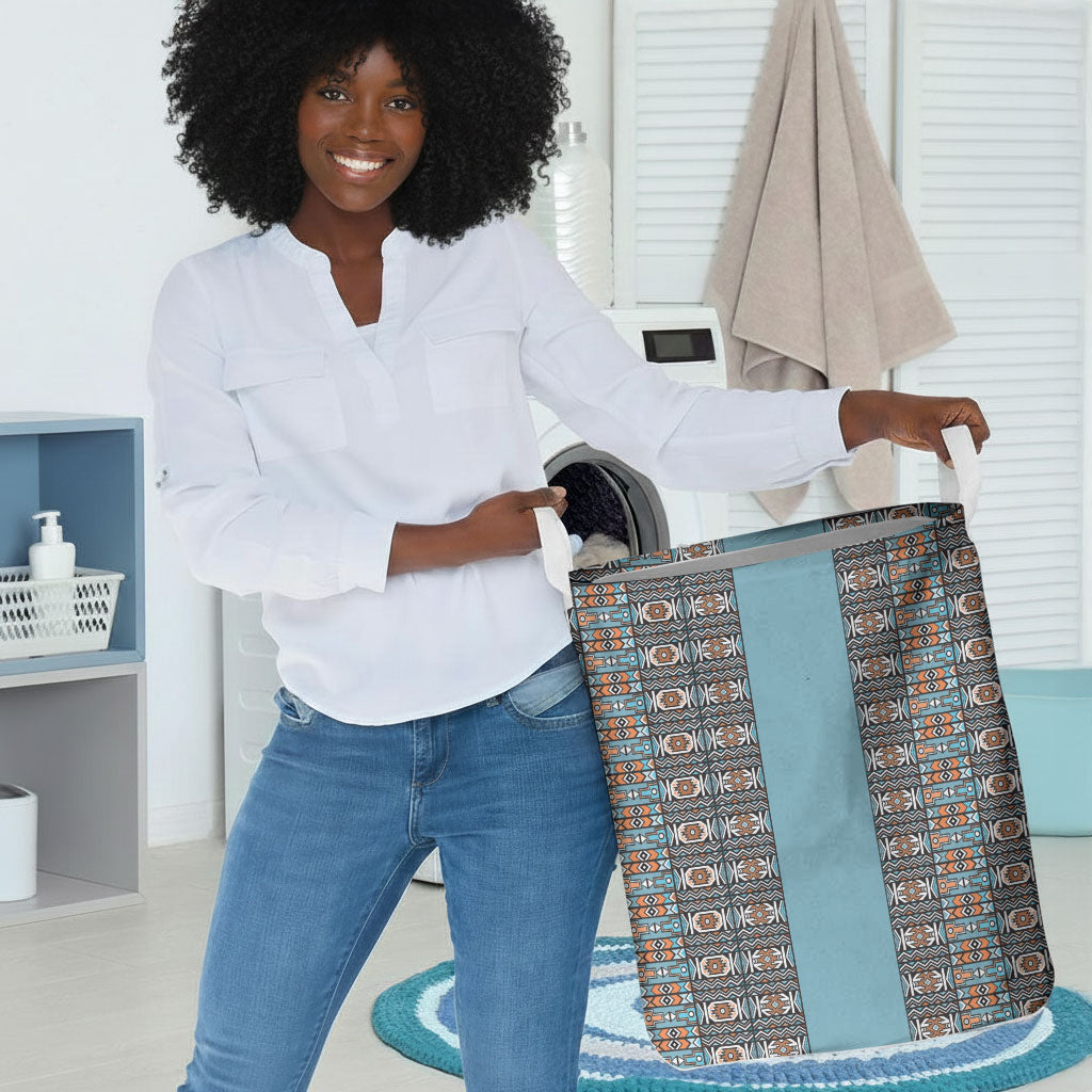 African Ndebele Traditional Attire Laundry Basket Blue Ndebele Stripe