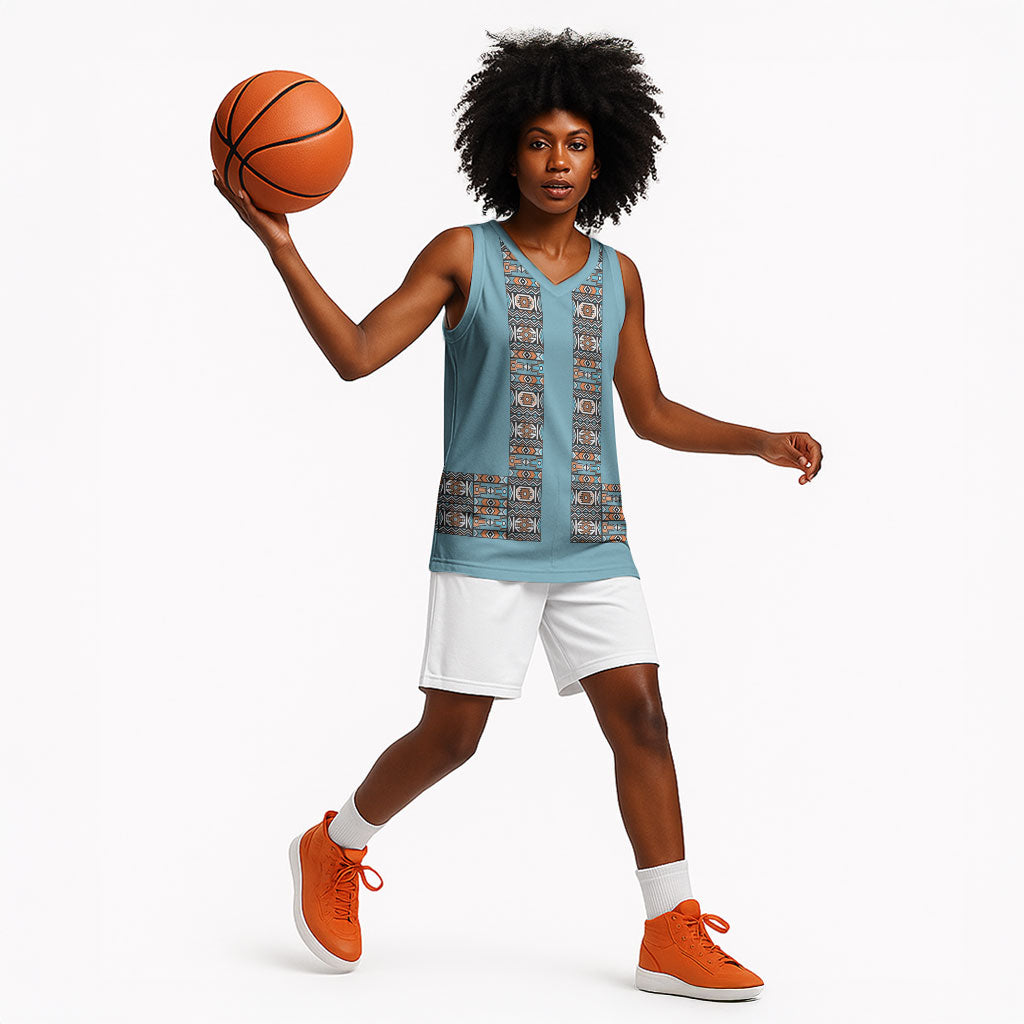 African Ndebele Traditional Attire Basketball Jersey Blue Ndebele Stripe